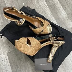 Dolce and Gabbana Snakeskin Tan Black Platform Sandals Heels